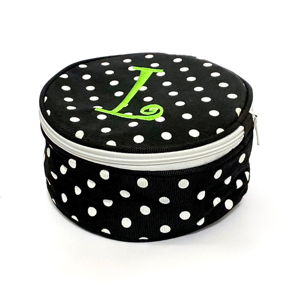 6" Round "L" Black/White Polka Dot Cosmetic Jewelry Travel Bag Case *NWOT*